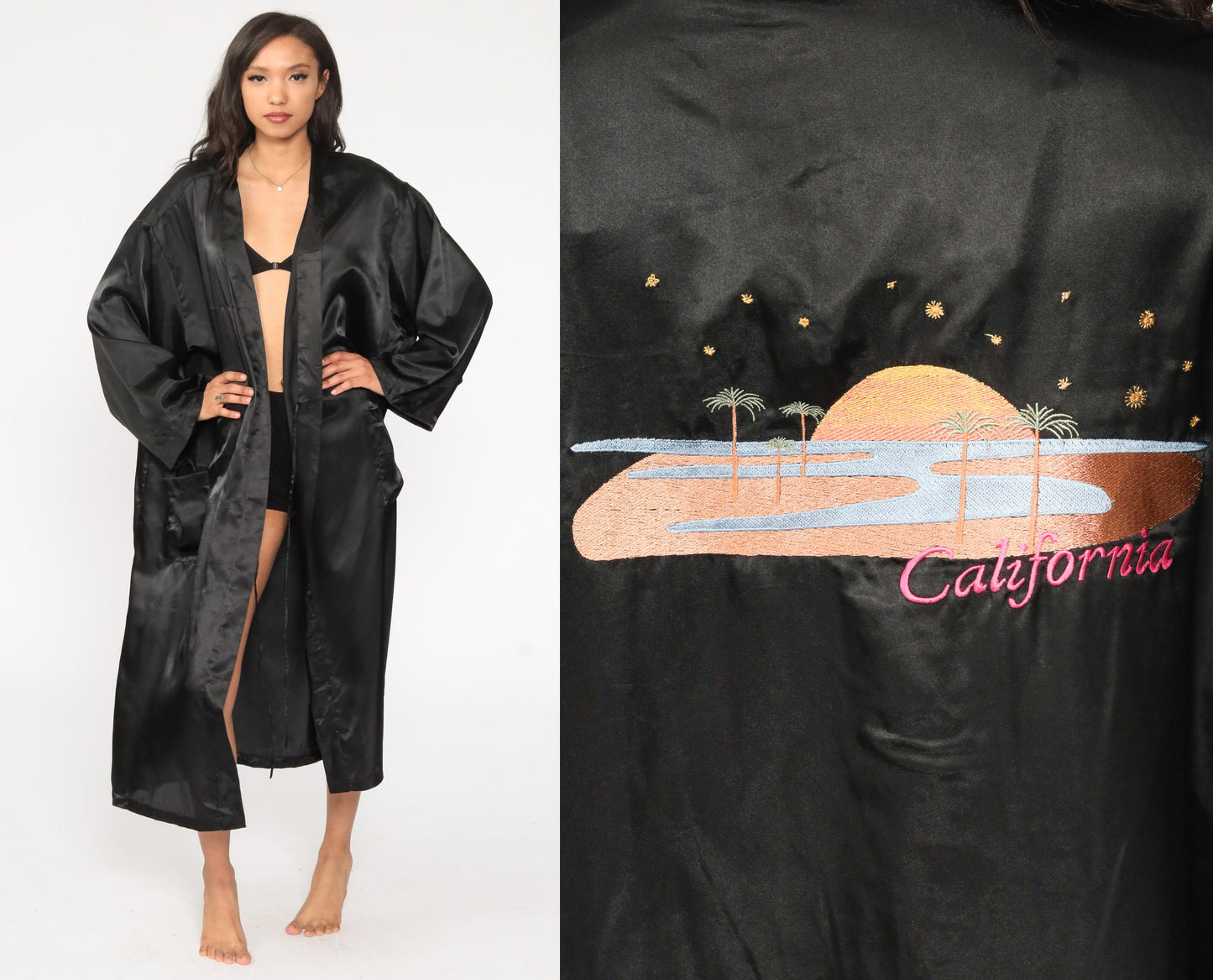 80s Black Satin California Embroidered Kimono Robe Maxi Wrap One Size