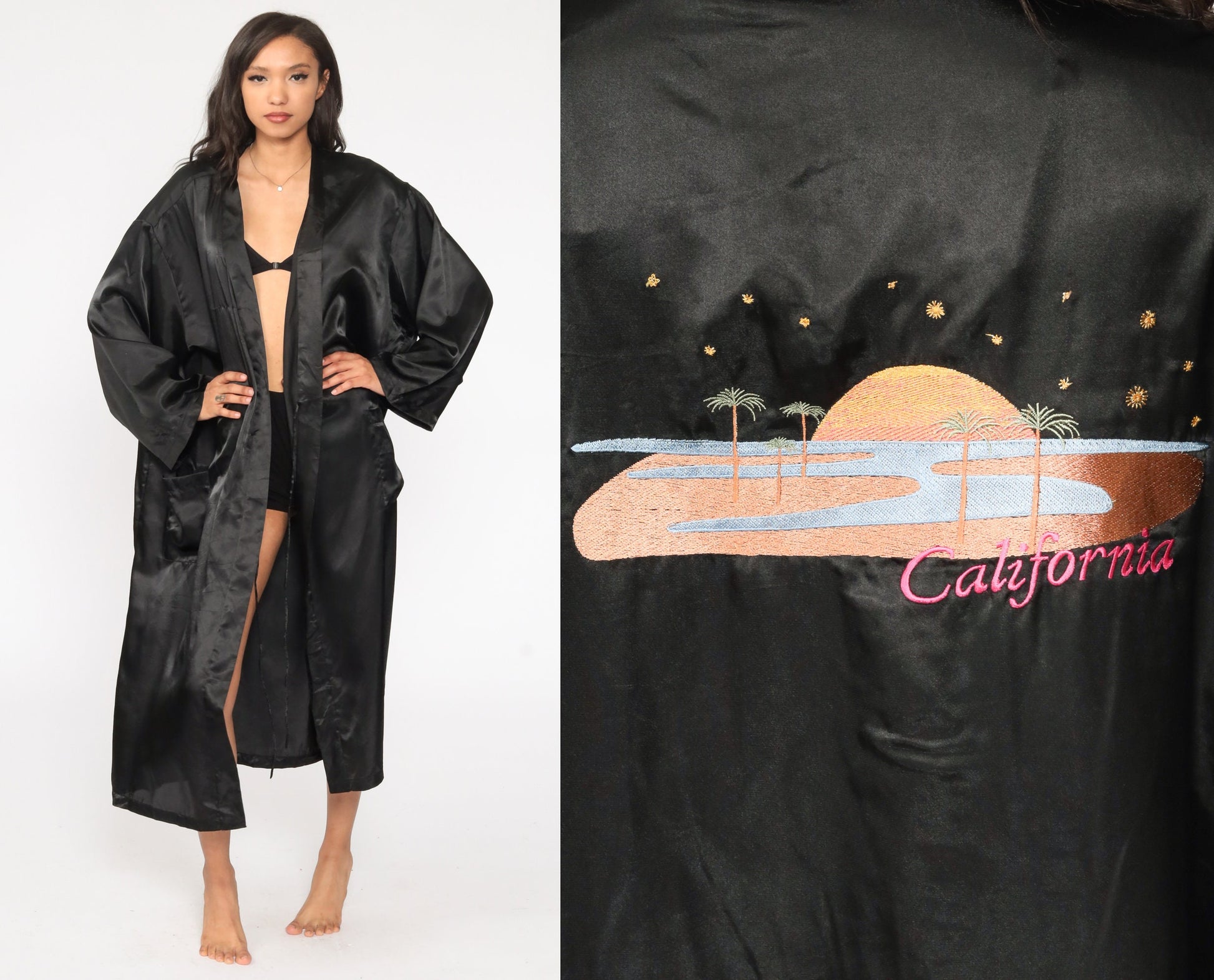 80s Black Satin California Embroidered Kimono Robe Maxi Wrap One Size