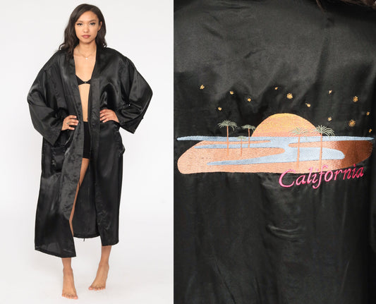 80s Black Satin California Embroidered Kimono Robe Maxi Wrap One Size