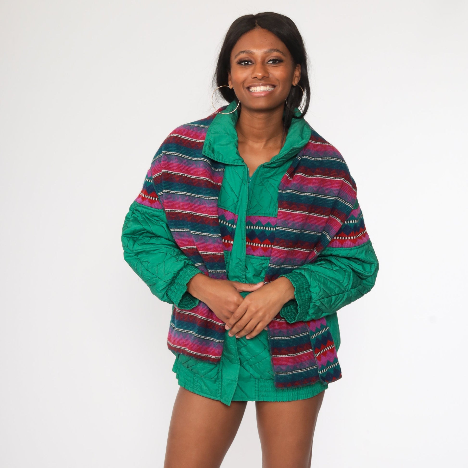 80s Green Puffer Ski Jacket with Attached Knit Scarf Large L