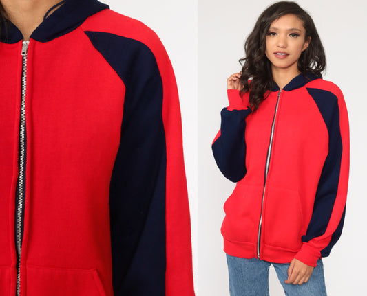 80s Navy Red Striped Zip-Up Hoodie Sweatshirt Medium Large