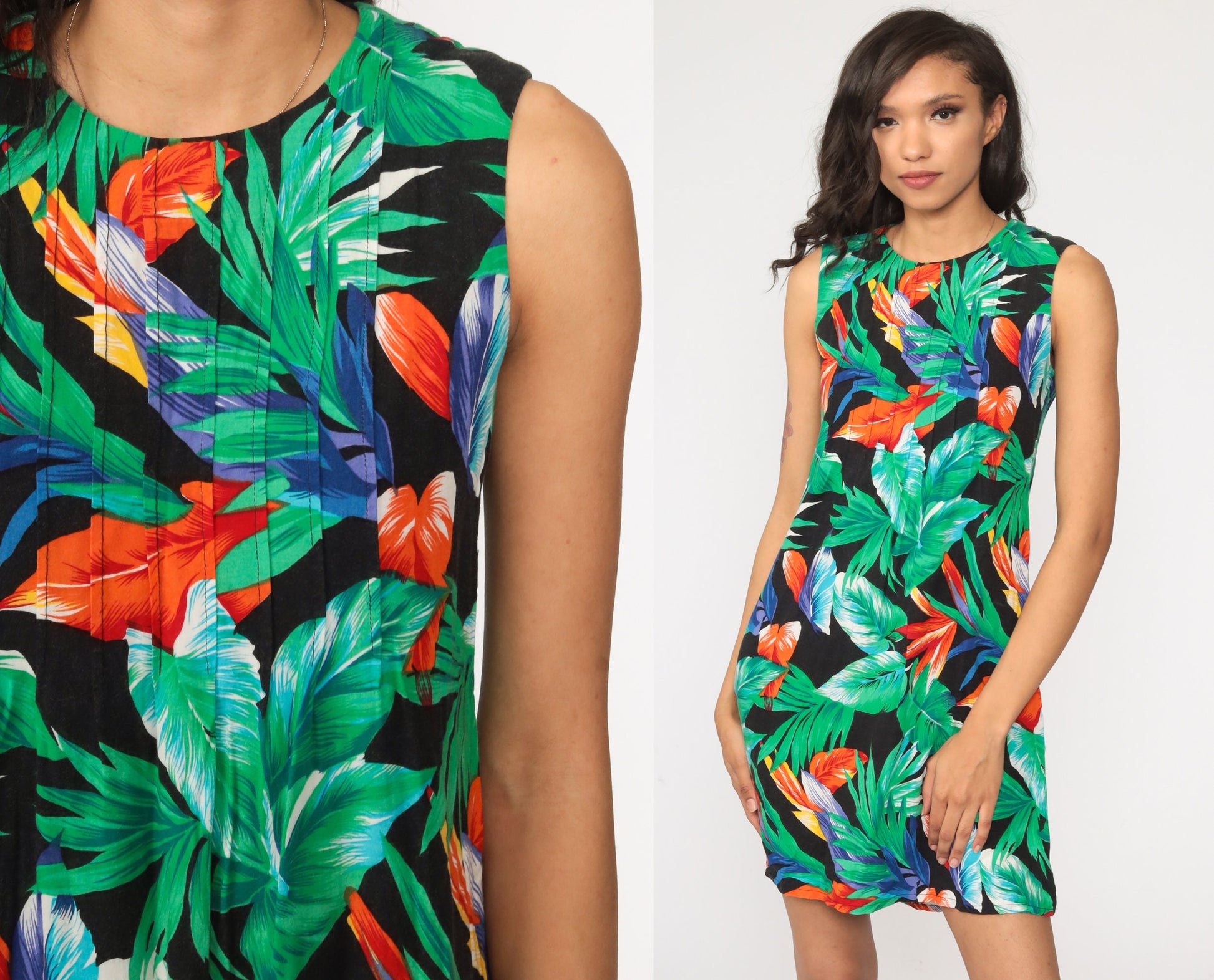 90s Tropical Floral Mini Shift Dress Sleeveless Flower Print Extra Small