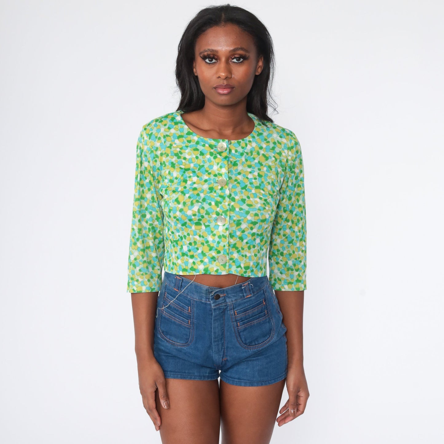 60s Geometric Print Button-Up Blouse Cropped 3/4 Sleeve Small