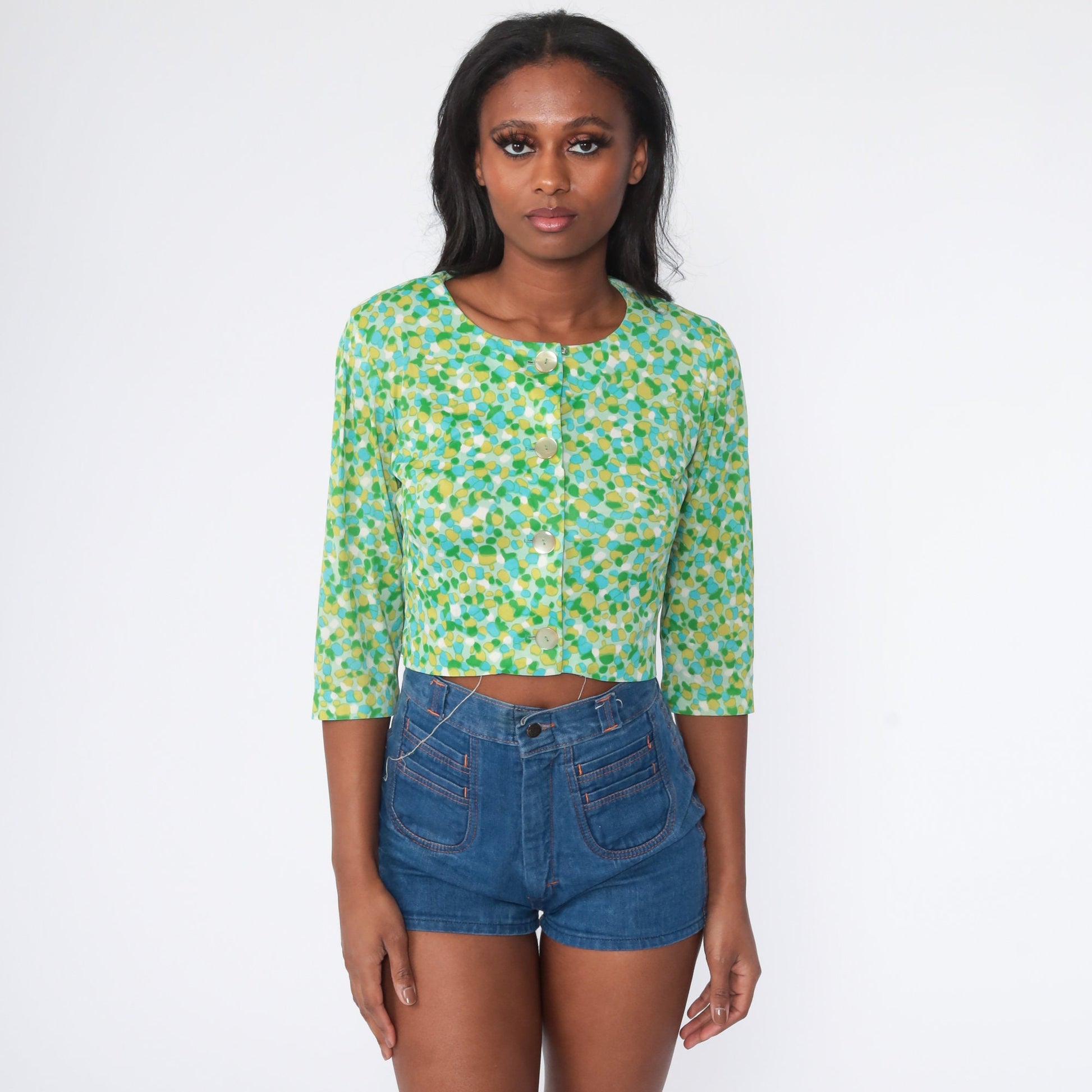 60s Geometric Print Button-Up Blouse Cropped 3/4 Sleeve Small