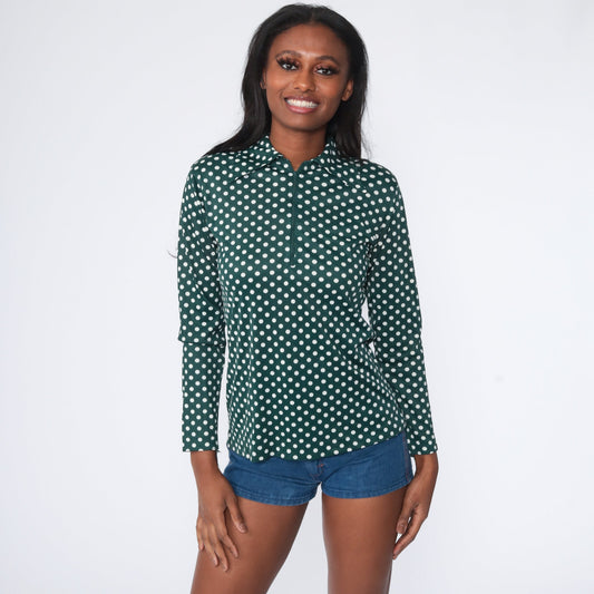 70s Green Polka Dot Zip-Up Blouse Long Sleeve Collared Shirt Medium