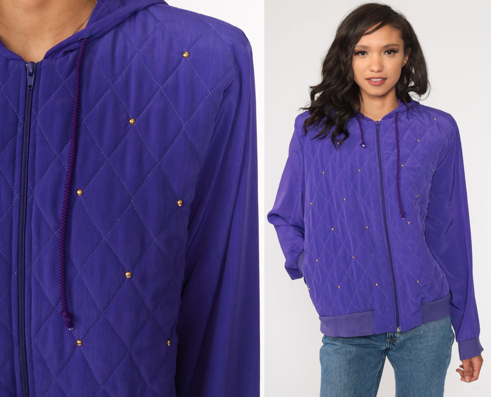 90s Purple Quilted Windbreaker Jacket Beaded Hooded Shell Large