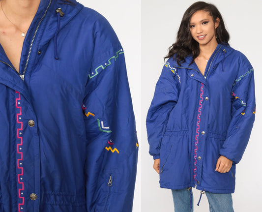 90s Purple Ski Jacket Southwestern Hooded Puffer Coat Large