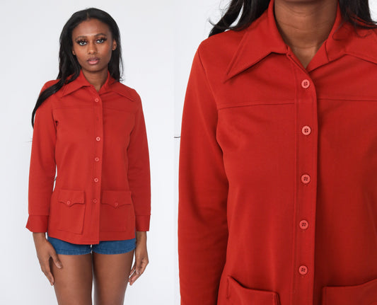 70s Rust Button-Up Shirt Long Sleeve Dagger Collar Blouse Small S