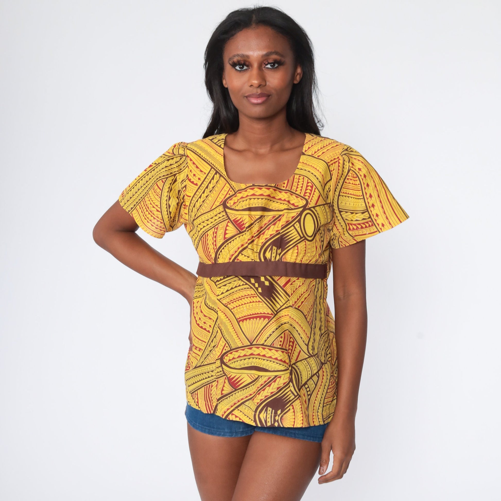 70s African Print Babydoll Top Yellow Puff Sleeve Empire Waist Medium