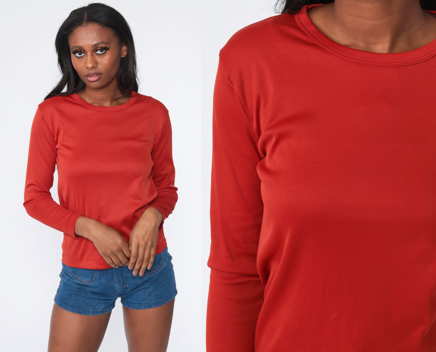 70s Rust Long Sleeve Shirt Plain Vintage Tee Small