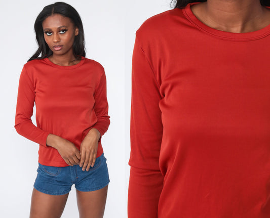 70s Rust Long Sleeve Shirt Plain Vintage Tee Small
