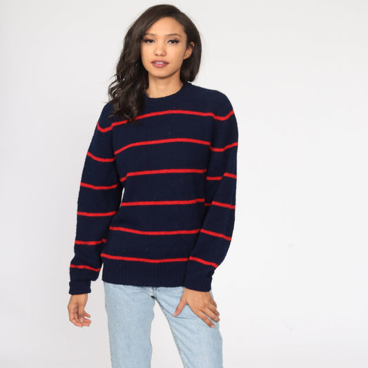 80s Blue and Red Striped Wool Pullover Sweater Knit Jumper Medium