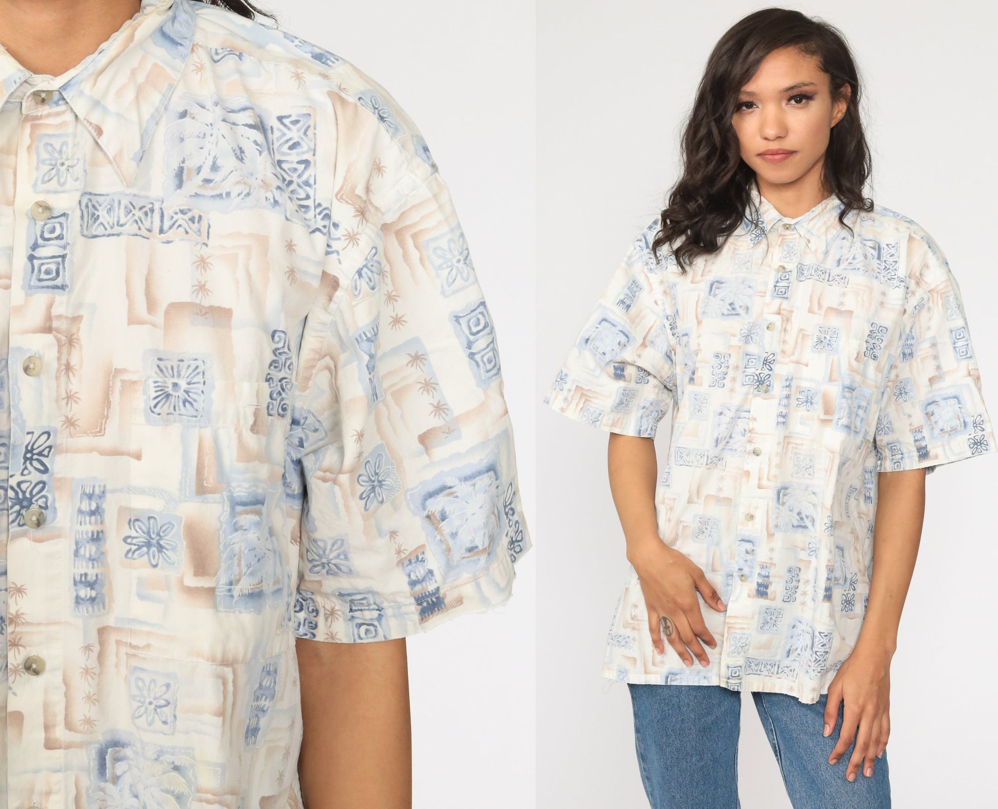 90s Pierre Cardin Hawaiian Shirt Palm Tree Print Cotton Button Up Large