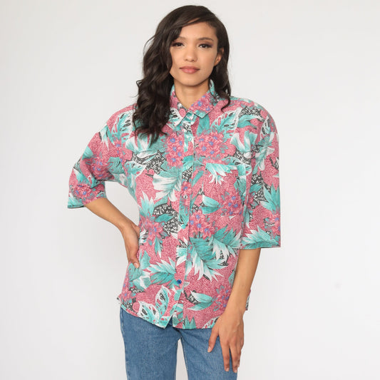80s Tropical Floral Button-Up Shirt Green Pink Leaf Print Medium Large