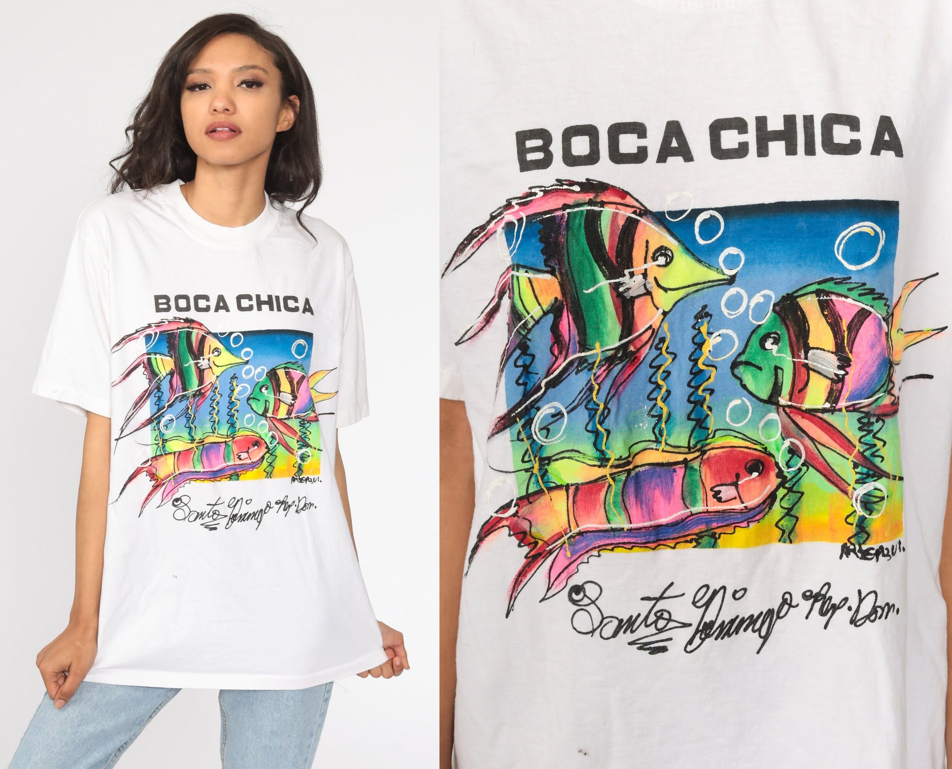 90s Boca Chica Santo Domingo Tropical Fish Graphic T-Shirt Cotton Medium Large