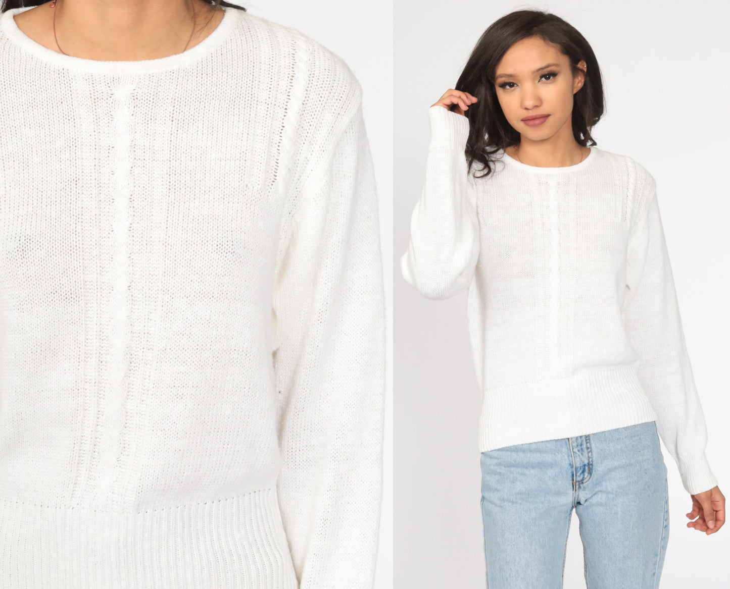 90s White Cable Knit Sweater Ramie Cotton Pullover Small