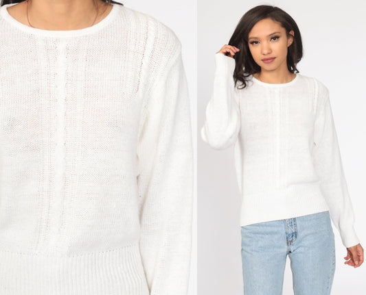 90s White Cable Knit Sweater Ramie Cotton Pullover Small