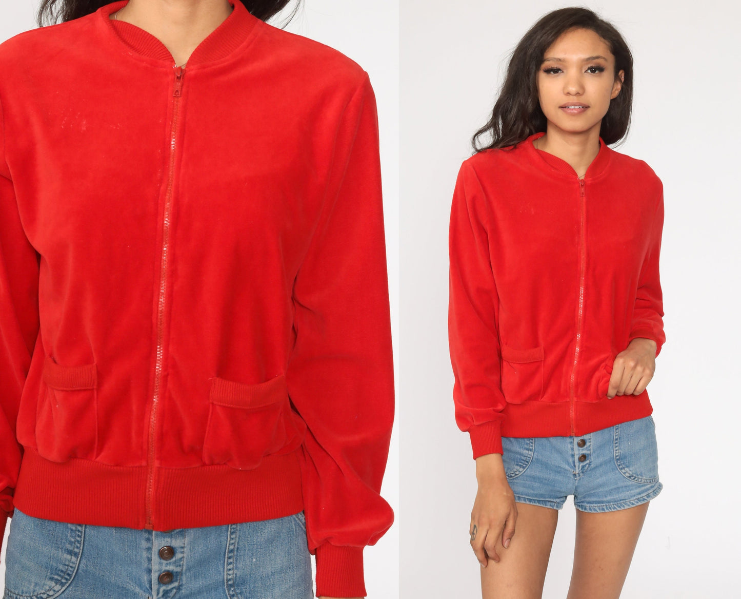 80s Red Velour Track Jacket Zip Up Sweatshirt Small