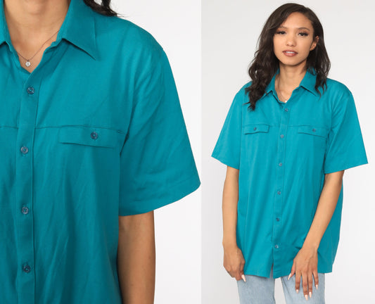 80s Teal Button-Up Shirt Short Sleeve Vintage Unisex Large
