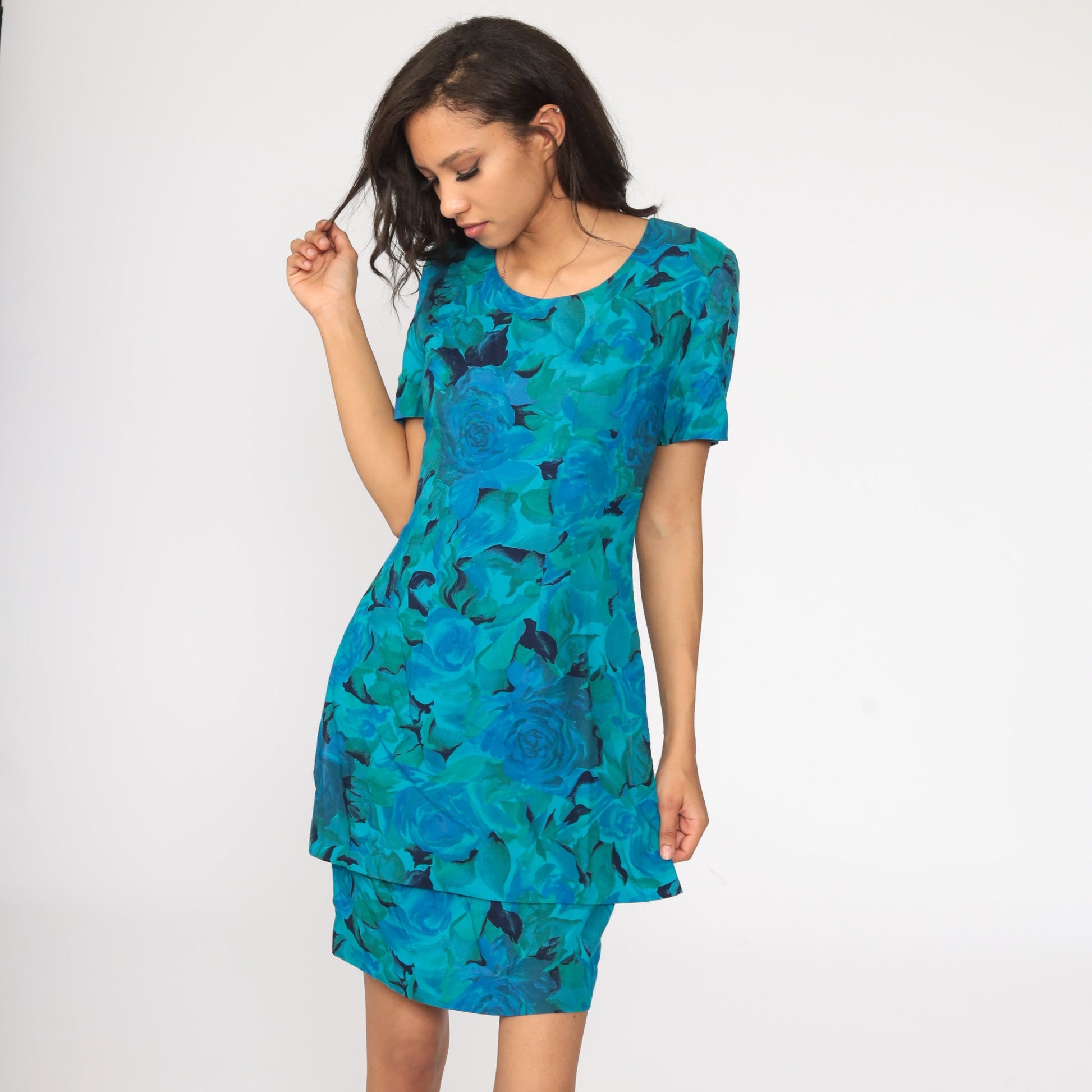 80s Blue Floral Rose Watercolor Sheath Minidress Short Sleeve Small S