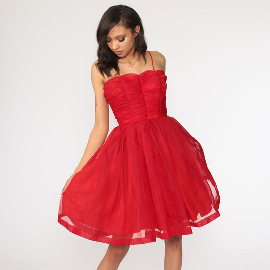 1950s Red Chiffon Party Dress Spaghetti Strap Tea Length Extra Small