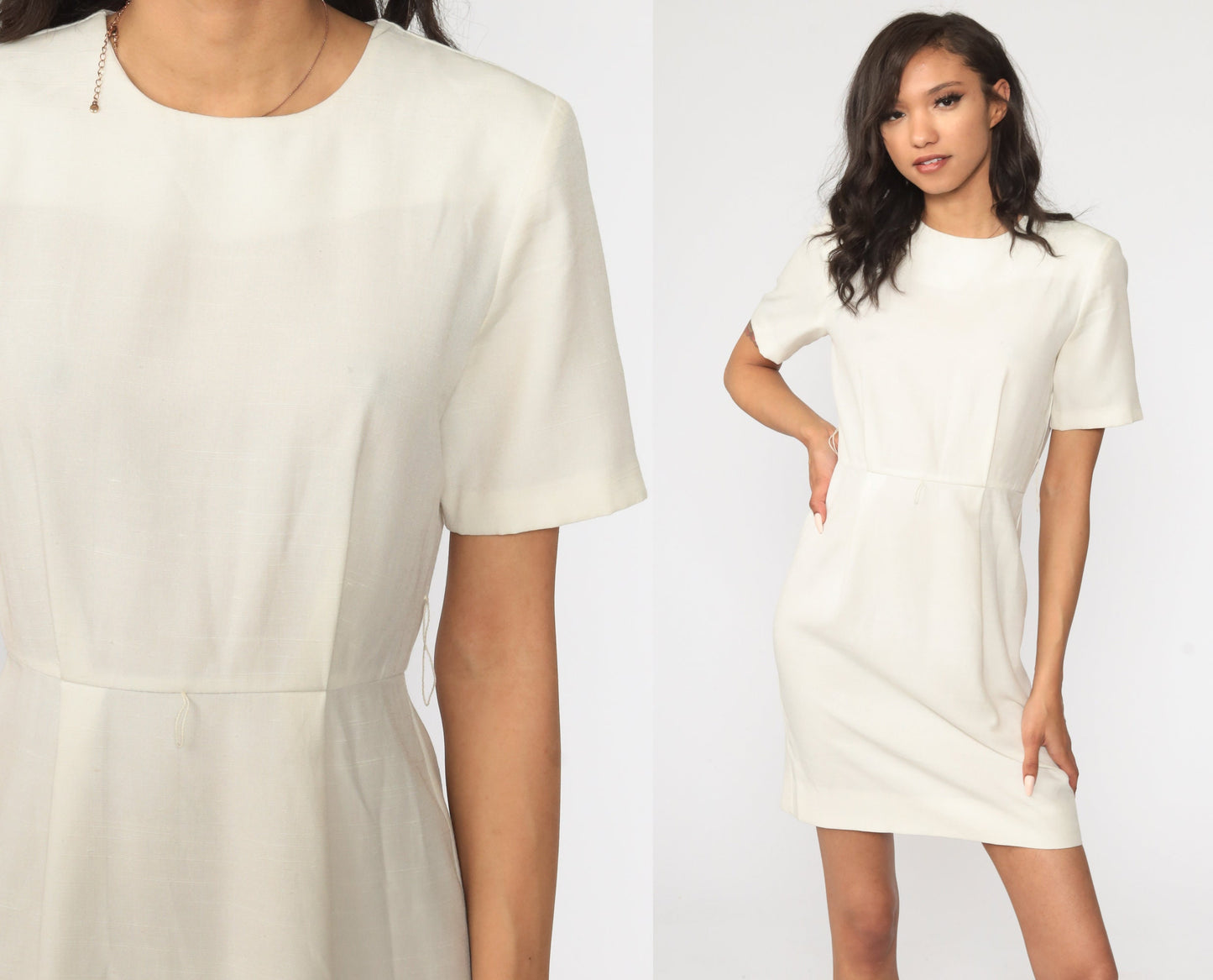 80s Off-White High Waist Mini Dress Short Sleeve Small S