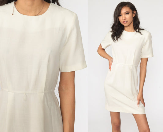 80s Off-White High Waist Mini Dress Short Sleeve Small S
