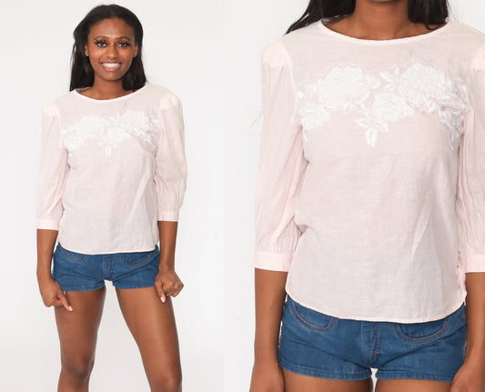 80s Pink Puff Sleeve Blouse Floral Embroidered Long Sleeve Small