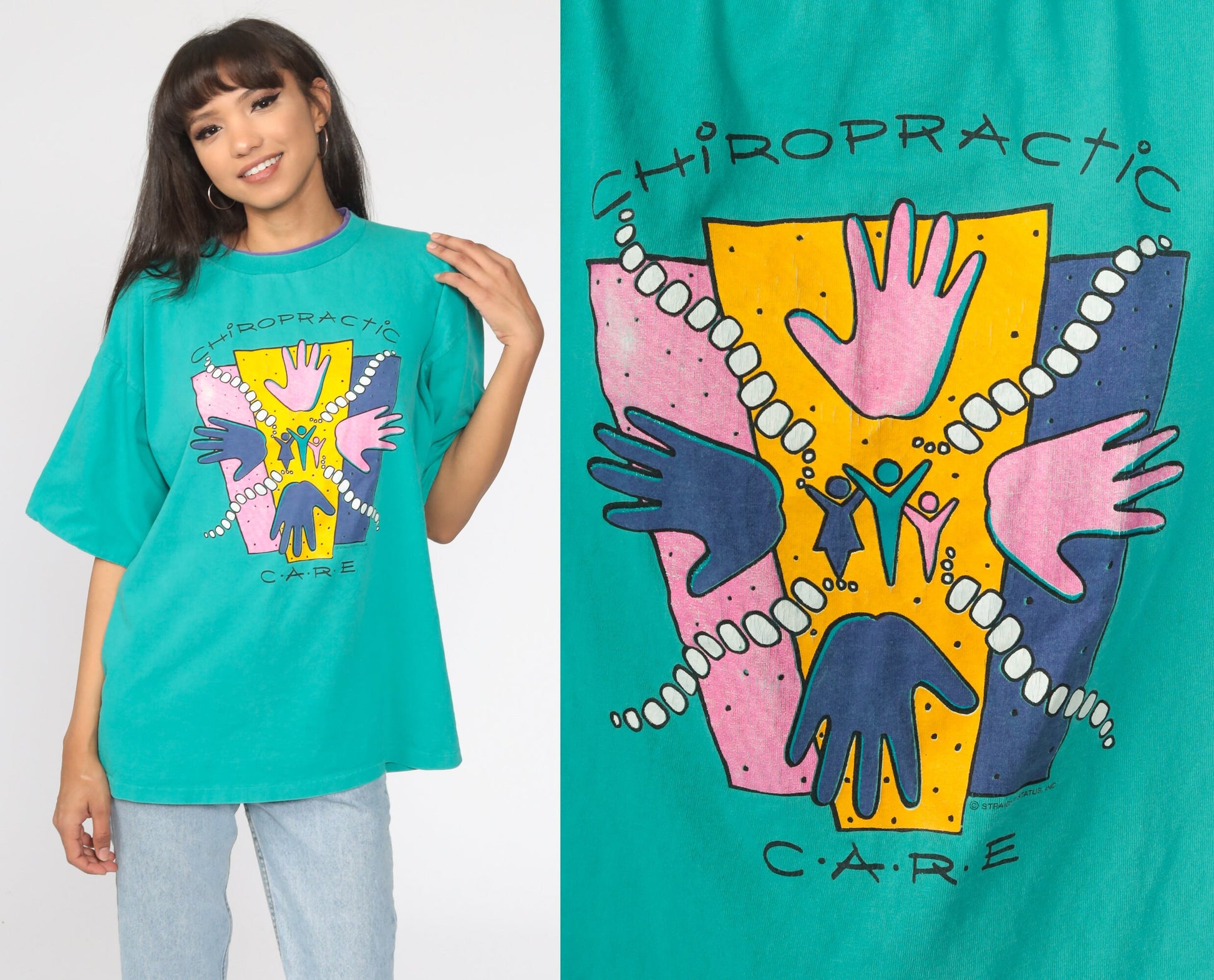 90s Chiropractic Care Graphic T-Shirt Turquoise Cotton Extra Large XL