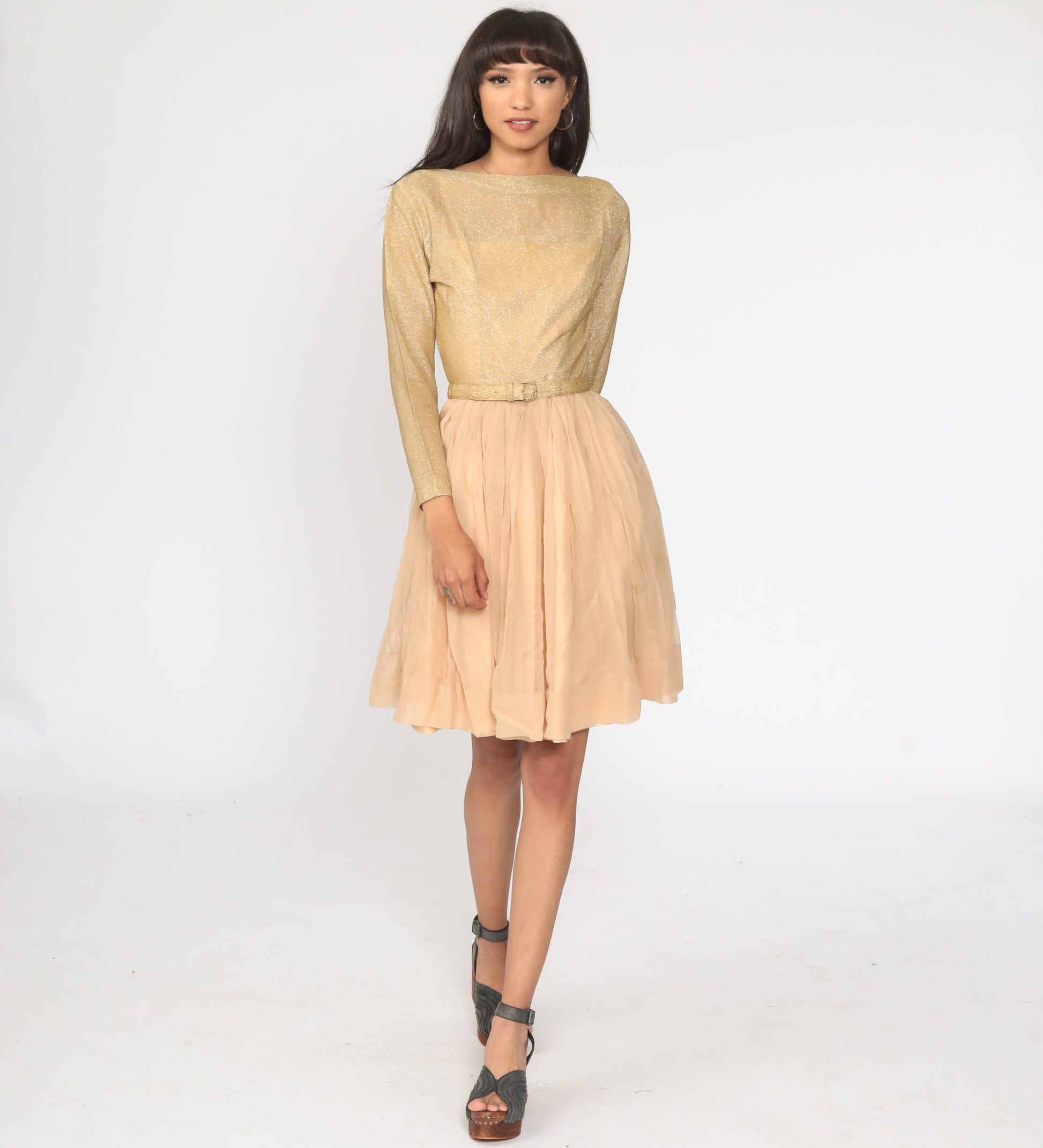 60s Jonathan Logan Gold Lurex Chiffon Midi Dress Extra Small XS