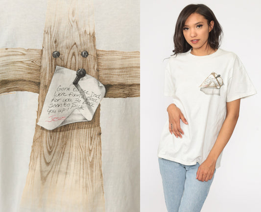 90s Christian Graphic T-Shirt Gone To See Dad Jesus Cross Tee Cotton Medium