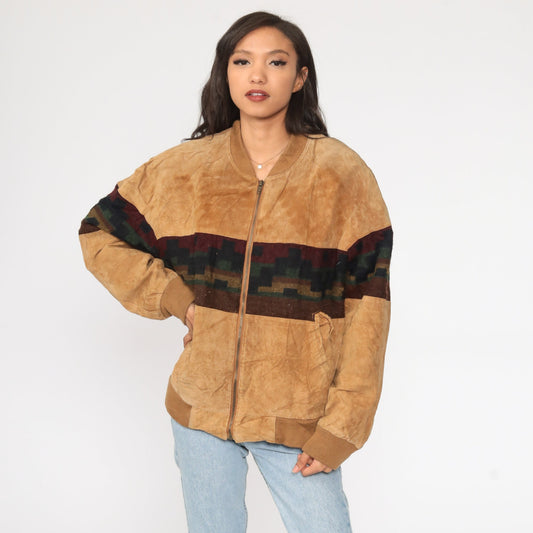 80s Brown Suede Leather Jacket Southwestern Tribal Print Bomber Large L