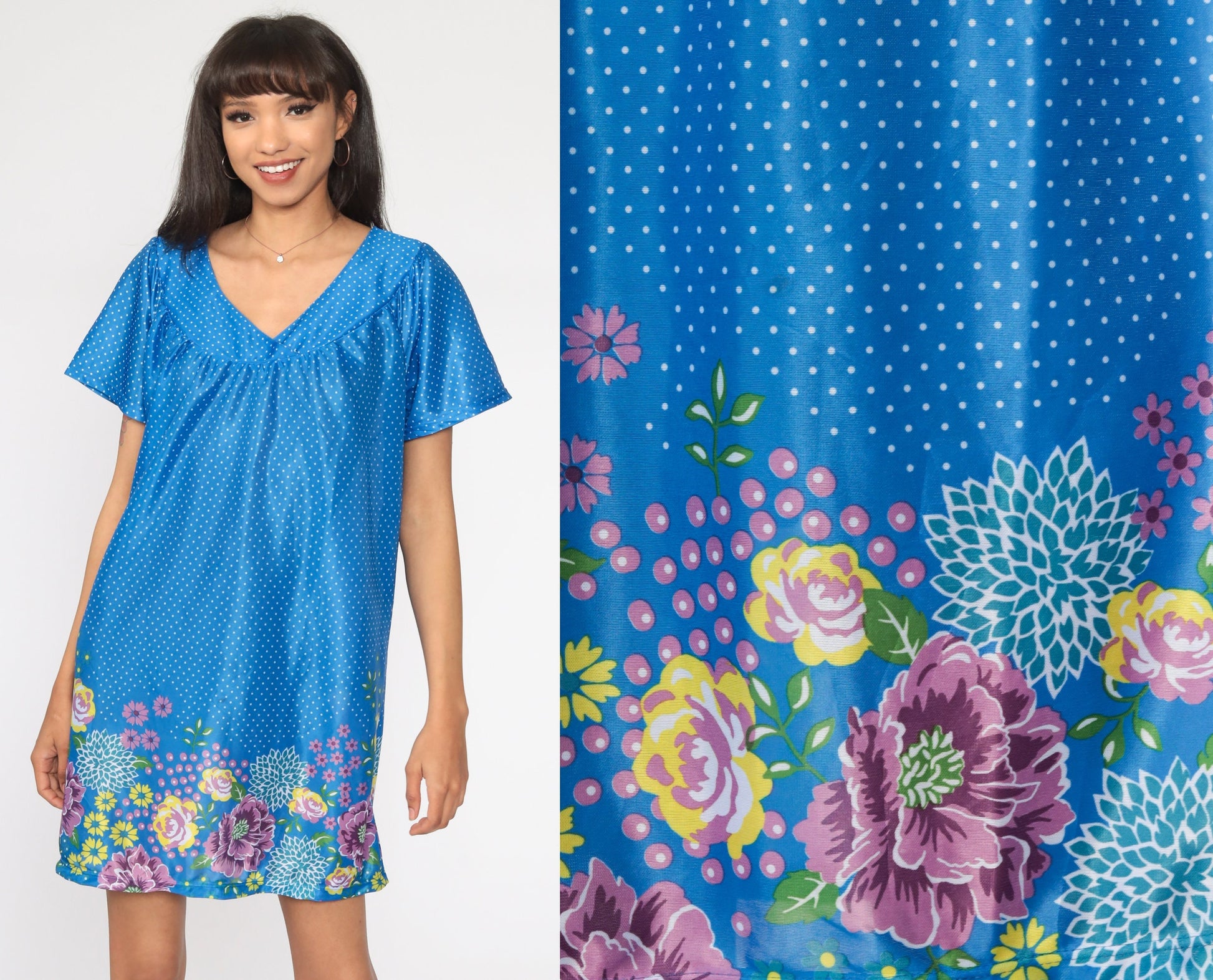 80s Floral Mini Dress Blue Polka Dot Tent Cut Plus Size 1X