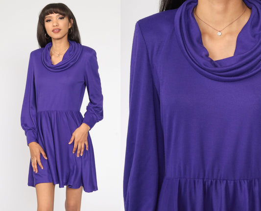 80s Purple Cowl Neck Mini Dress Long Sleeve High Waisted Medium Large