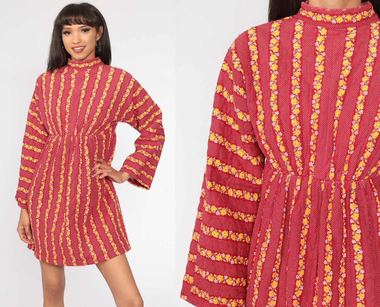 70s Quilted Floral Mini Dress Red Empire Waist Long Sleeve Small