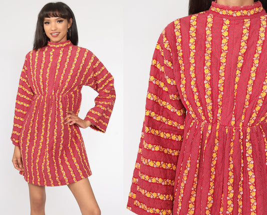 70s Quilted Floral Mini Dress Red Empire Waist Long Sleeve Small