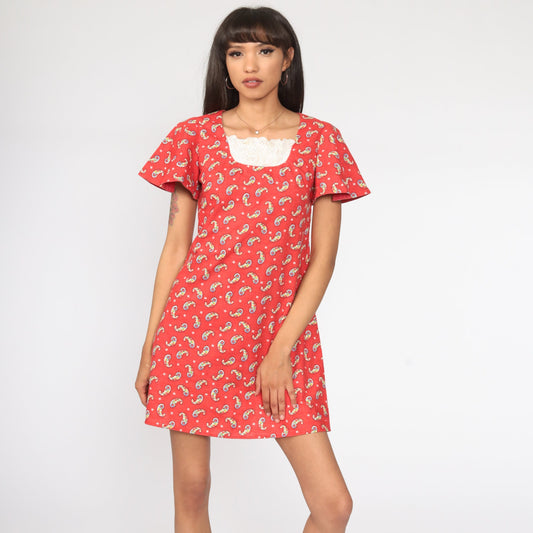 60s Psychedelic Paisley Mini Dress Flutter Sleeve Shift Red Small