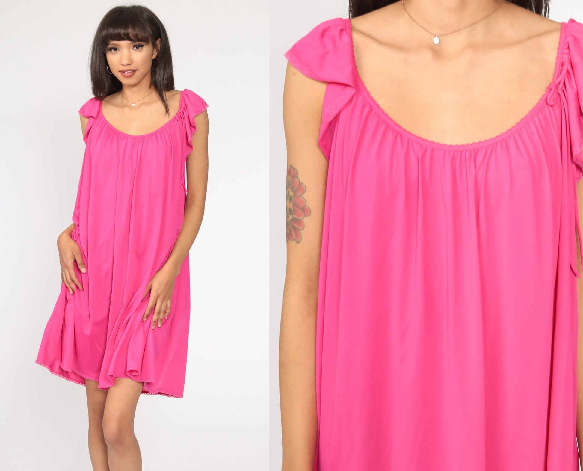 80s Bright Pink Nightgown Flutter Sleeve Tent Cut Nylon Nightie Medium Large