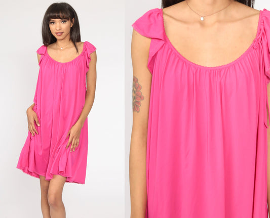 80s Bright Pink Nightgown Flutter Sleeve Tent Cut Nylon Nightie Medium Large