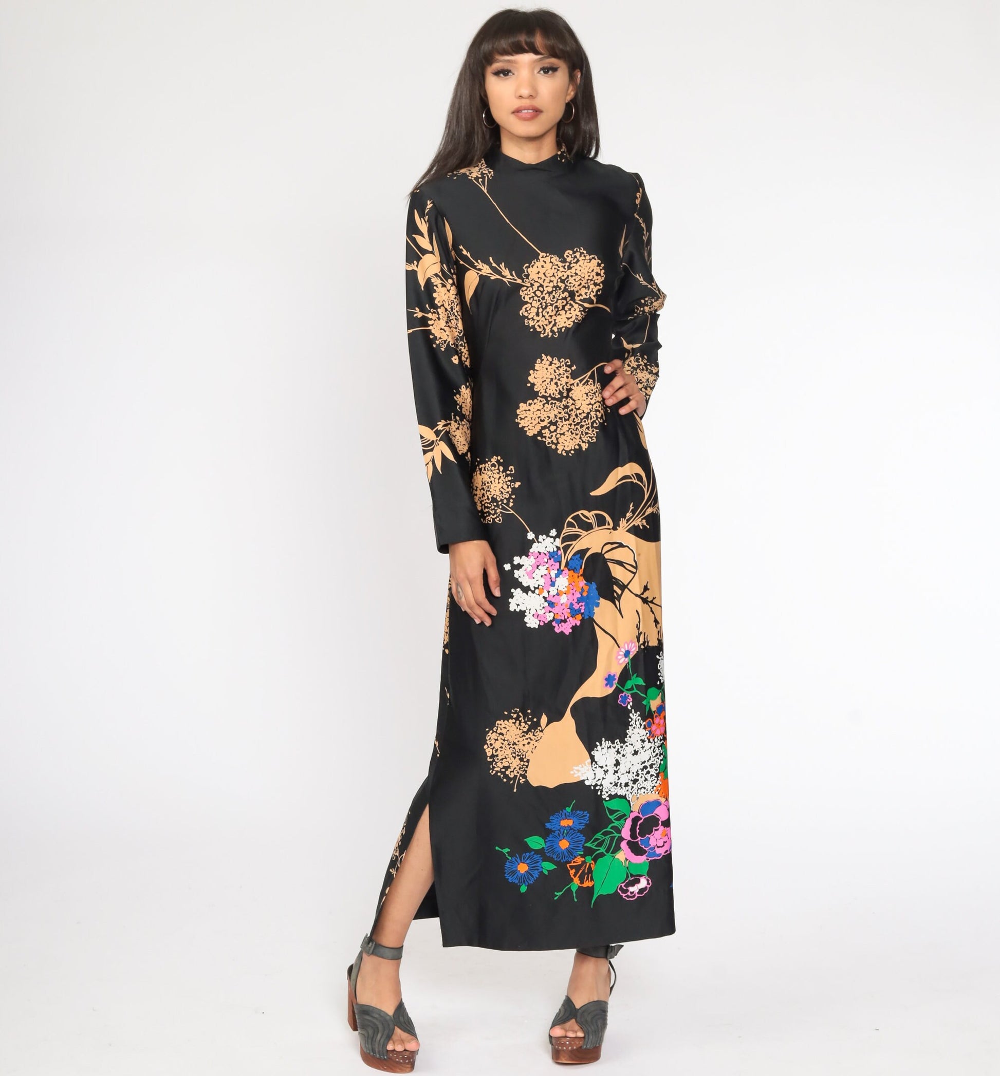 70s Tori Richard Hawaiian Floral Maxi Dress Black High Neck Long Sleeve Medium Large