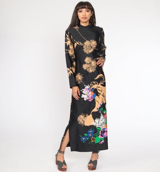 70s Tori Richard Hawaiian Floral Maxi Dress Black High Neck Long Sleeve Medium Large
