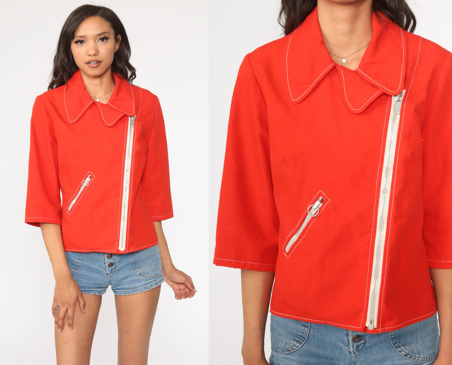 70s Red Zip Jacket Asymmetrical Collar 3/4 Sleeve Small Medium