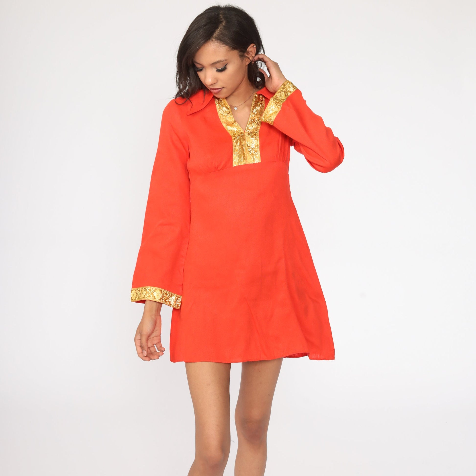 70s Red-Orange Babydoll Dress Gold Trim Bell Sleeve Empire Waist Mini Small