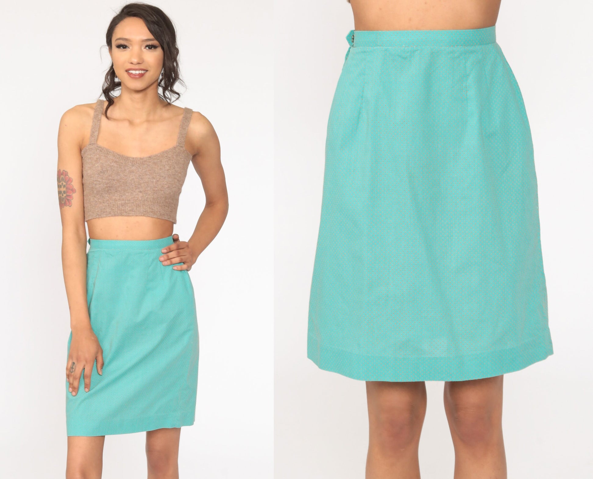 70s Turquoise Polka Dot Pencil Skirt High Waist Mini XXS