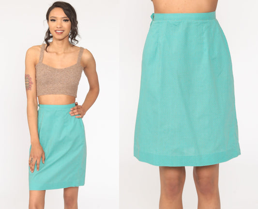 70s Turquoise Polka Dot Pencil Skirt High Waist Mini XXS