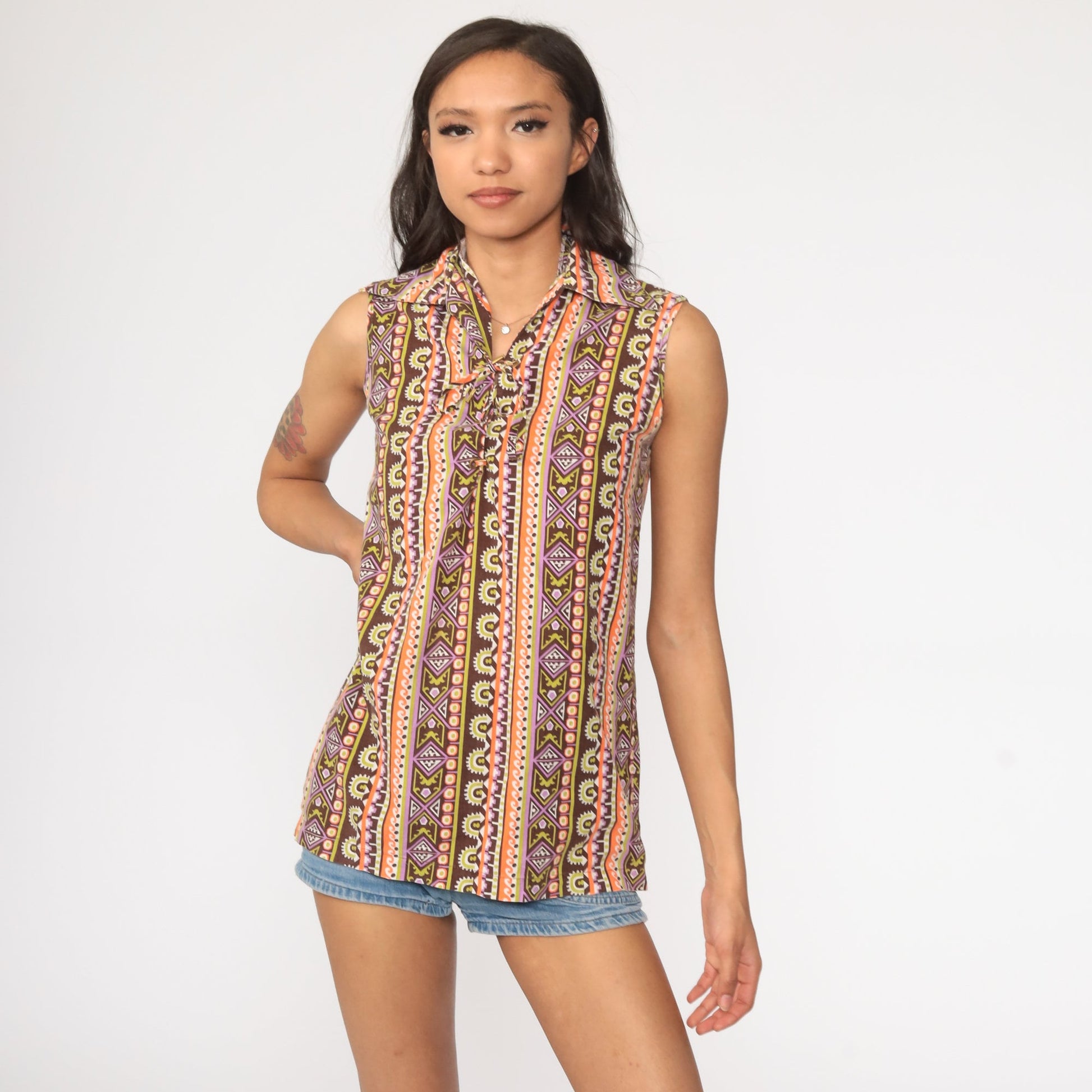 70s Tribal Print Sleeveless Blouse Lace-Up Corset Neckline Orange Purple Small