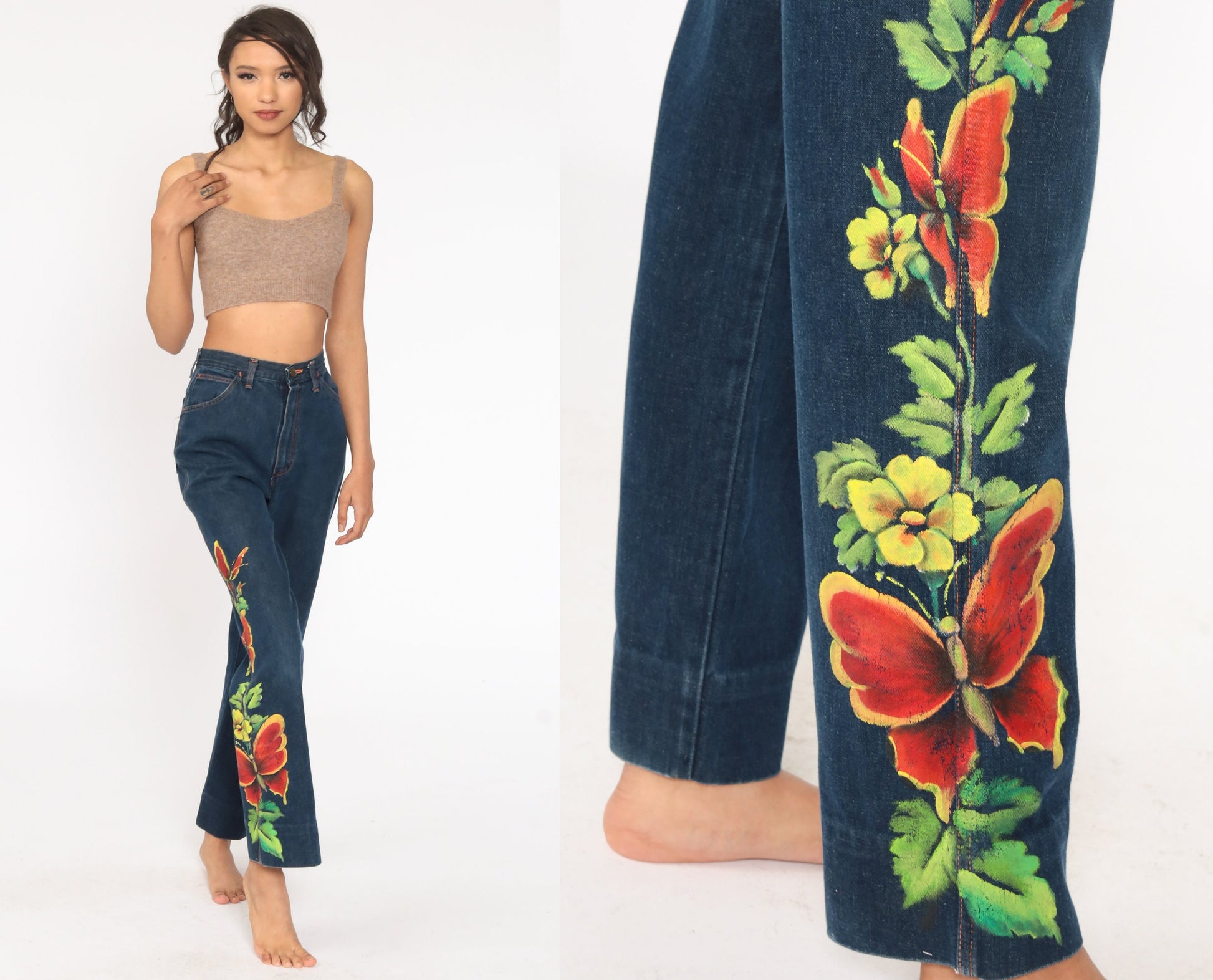 70s Wrangler Painted Butterfly Floral High Waist Straight Leg Jeans Blue 26