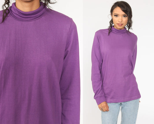 80s Purple Turtleneck Long Sleeve Shirt Cotton Blend Large