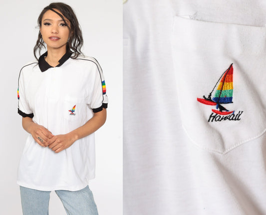 80s Hawaii Rainbow Sailboat Polo Shirt Striped Collared Half-Button Extra Large