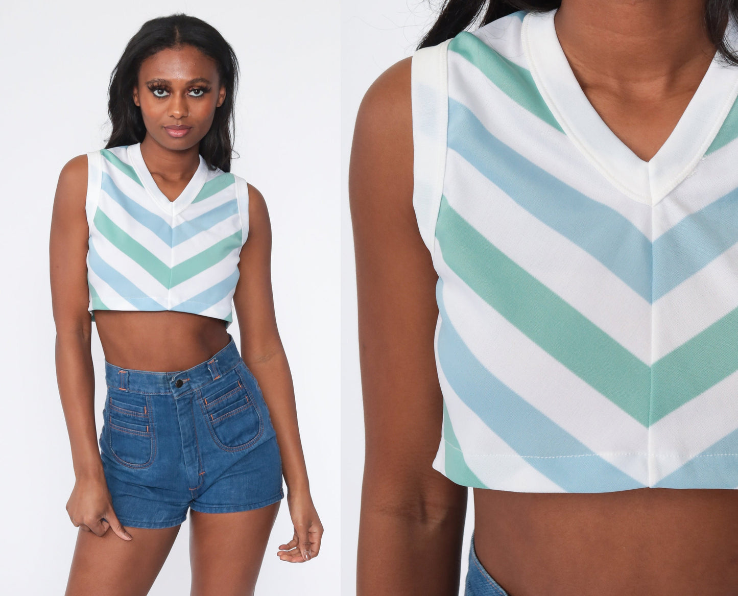 70s Striped Tank Top Crop Sleeveless V-Neck Green Blue White Extra Small